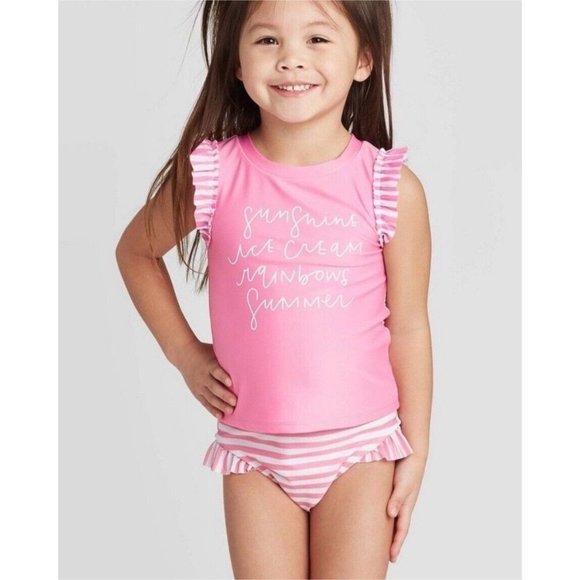 Cat & Jack Swimsuit Girl 12 Month Bikini 2 Piece Set Pink Graphic Ruffle New - Picture 1 of 14